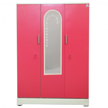 Vajra 3 Door Steel Wardrobe Cupboard 54" Pink With Dressing Mirror
